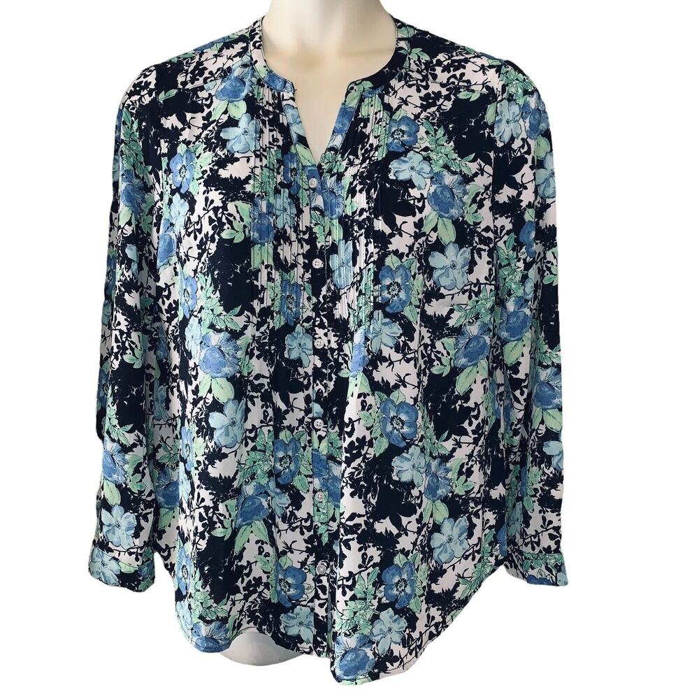 L Laura Scott Blue Green Button Up Pleated Front Floral Blouse Womens V Neck GUC